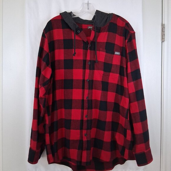 Eddie Bauer Hooded Flannel Shirt Men's XL Red Black Buffalo Plaid Work Wear - Picture 1 of 6